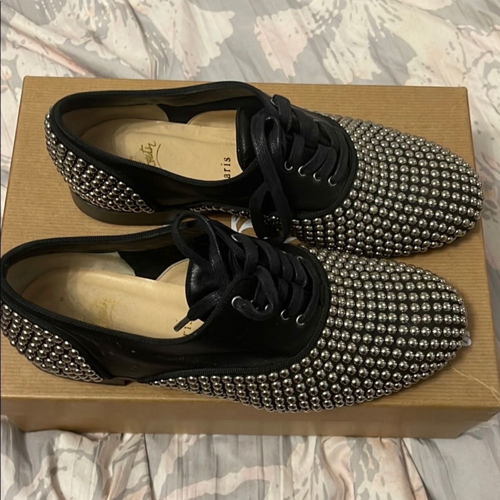 Christian louboutin black silver studded loafers